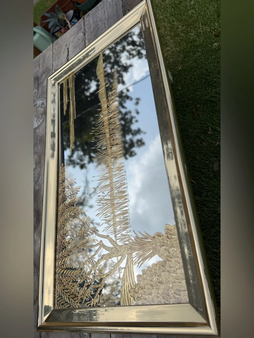 Vintage Hollywood Regency Asian 53x30 Chinoiserie Landscape Gold Etched Mirror